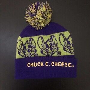 Chuck E. Cheese beanie hat purple mouse green One size kids 3+ winter pom